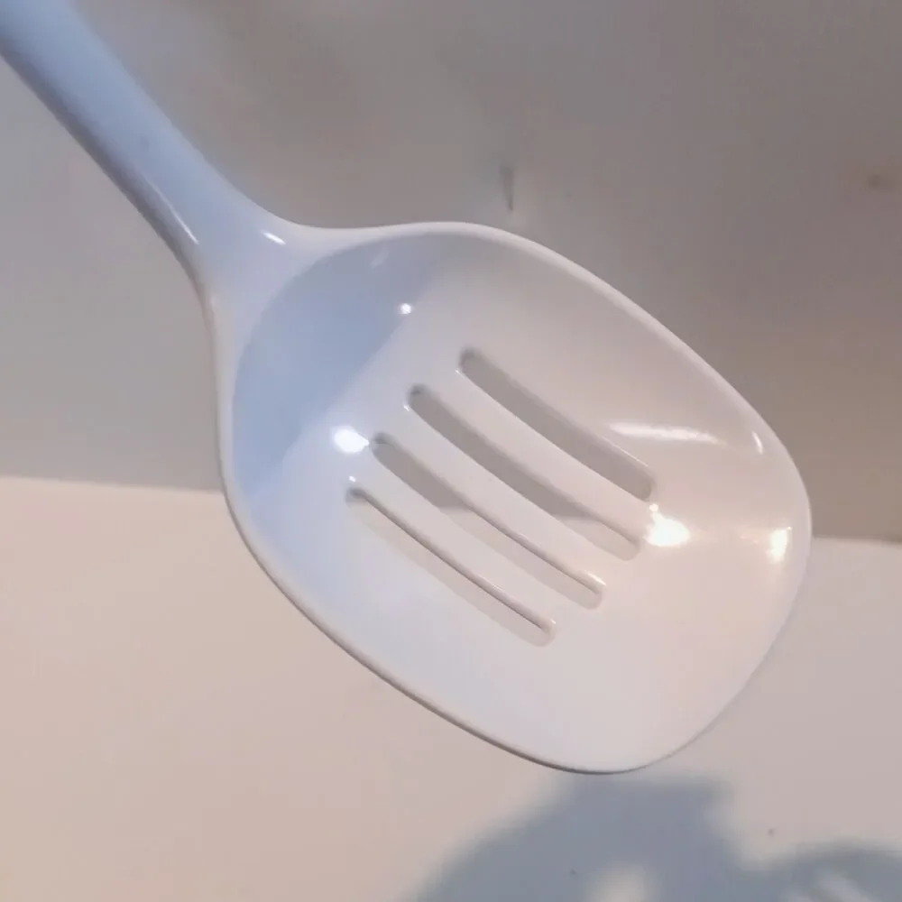 Vintage Mala Melamine Slotted Serving Spoon-White-1980s-Non Stick Safe-11.5